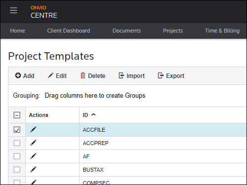 Screenshot of Onvio showing a list of project templates